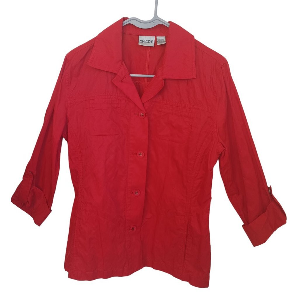 Chicos Red Shirt Jacket Button Front Roll Tab‎ Sleeves Womens Medium - Picture 10 of 10
